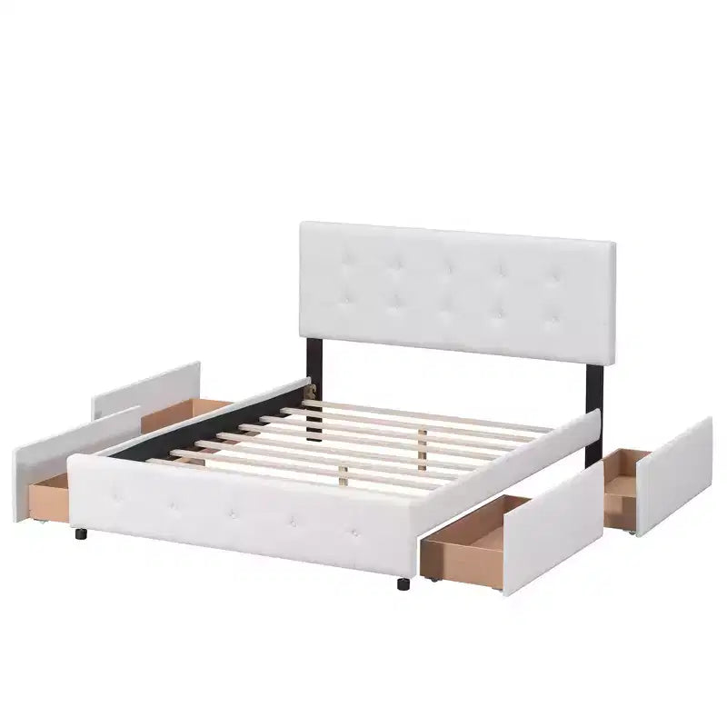 Upholstered Platform Bed with Classic Headboard and 4 Drawers No Box Spring Needed Linen Fabric Queen Size Beige