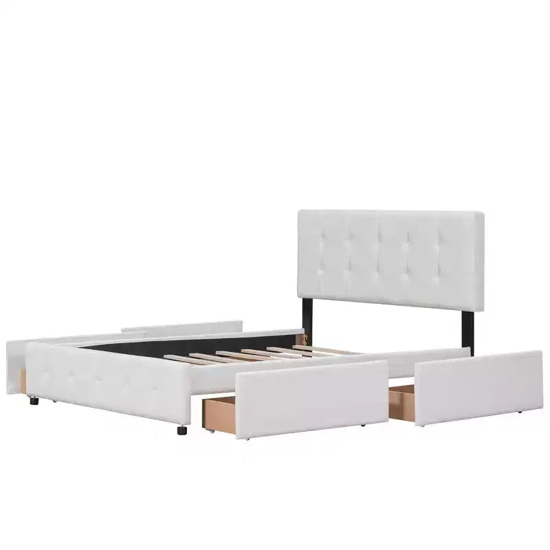 Upholstered Platform Bed with Classic Headboard and 4 Drawers No Box Spring Needed Linen Fabric Queen Size Beige