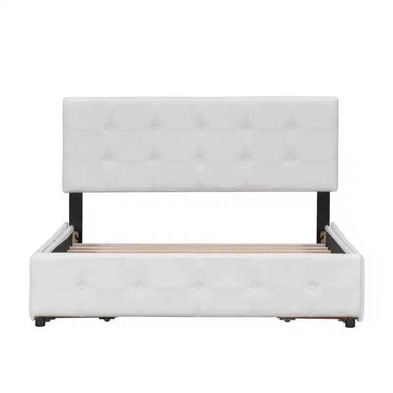 Upholstered Platform Bed with Classic Headboard and 4 Drawers No Box Spring Needed Linen Fabric Queen Size Beige