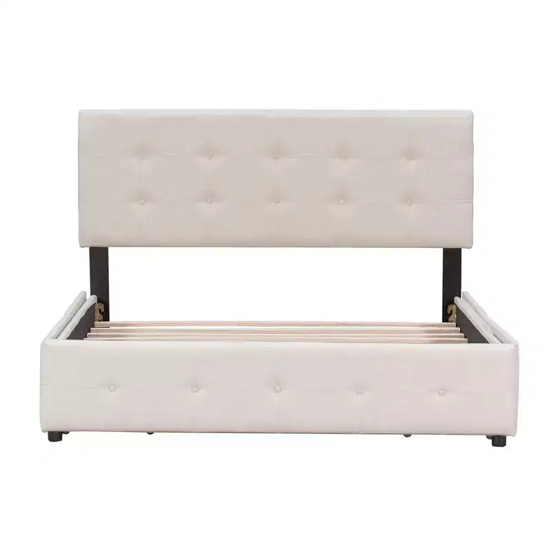 Upholstered Platform Bed with Classic Headboard and 4 Drawers No Box Spring Needed Linen Fabric Queen Size Beige