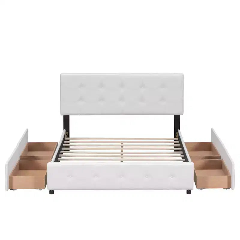 Upholstered Platform Bed with Classic Headboard and 4 Drawers No Box Spring Needed Linen Fabric Queen Size Beige