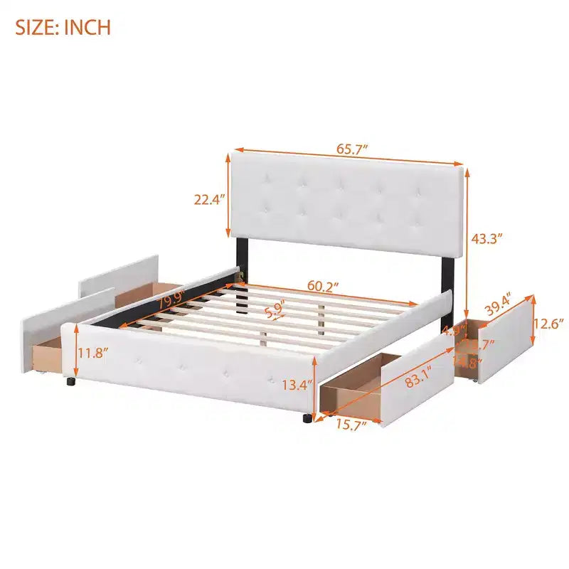 Upholstered Platform Bed with Classic Headboard and 4 Drawers No Box Spring Needed Linen Fabric Queen Size Beige
