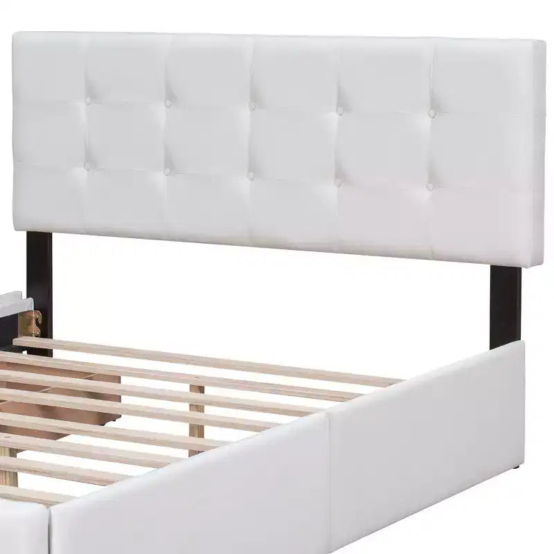 Upholstered Platform Bed with Classic Headboard and 4 Drawers No Box Spring Needed Linen Fabric Queen Size Beige