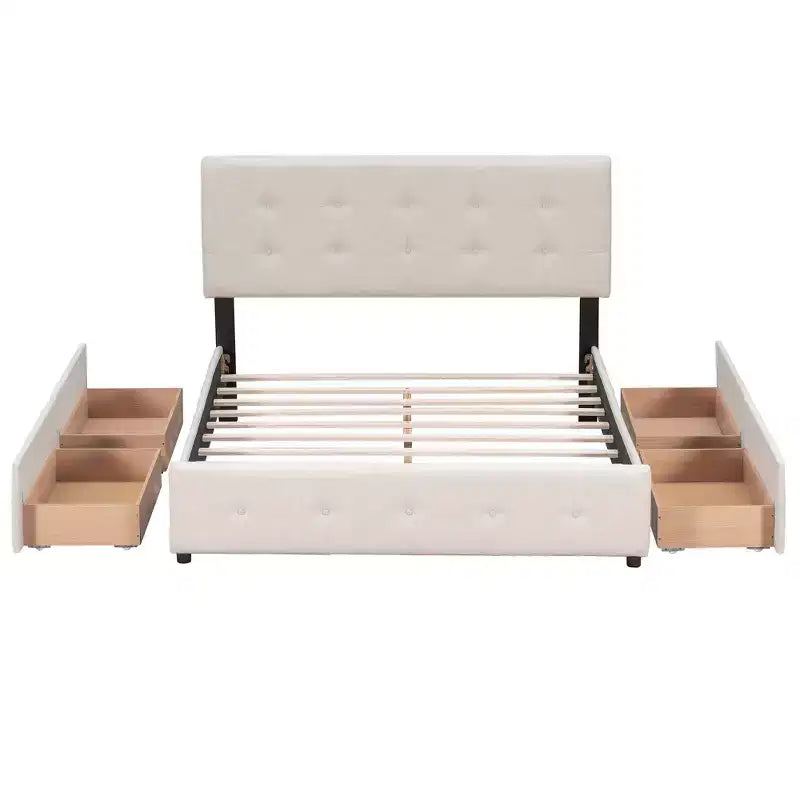 Upholstered Platform Bed with Classic Headboard and 4 Drawers No Box Spring Needed Linen Fabric Queen Size Beige