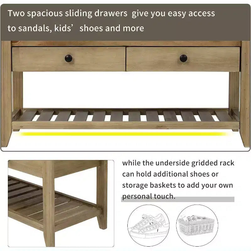 Acekool 35.4 Farmhouse Storage Bench with Cushion, 2-Tier Entryway Bench with Shelf & 2 Drawers for Bedroom, Hallway, Living Room, Gray Wash