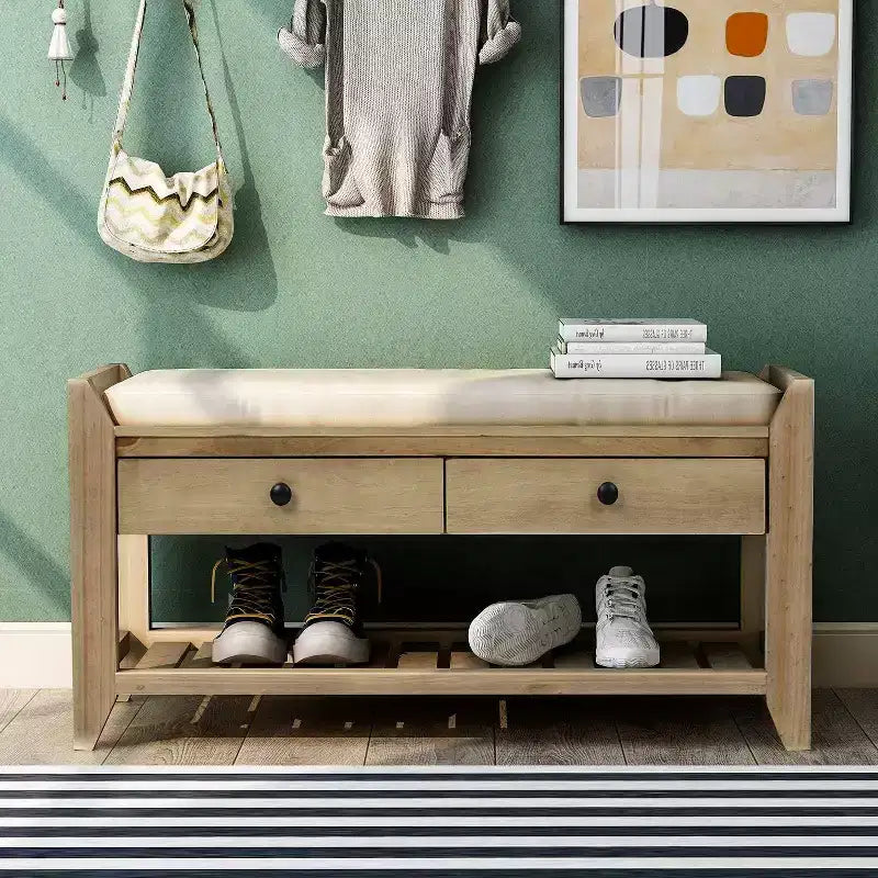 Acekool 35.4 Farmhouse Storage Bench with Cushion, 2-Tier Entryway Bench with Shelf & 2 Drawers for Bedroom, Hallway, Living Room, Gray Wash
