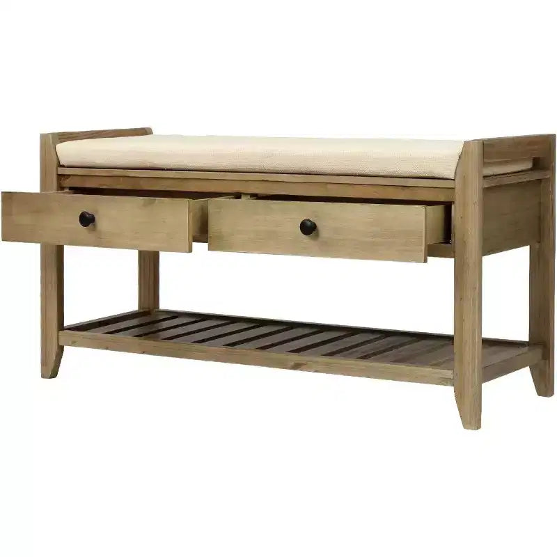 Acekool 35.4 Farmhouse Storage Bench with Cushion, 2-Tier Entryway Bench with Shelf & 2 Drawers for Bedroom, Hallway, Living Room, Gray Wash