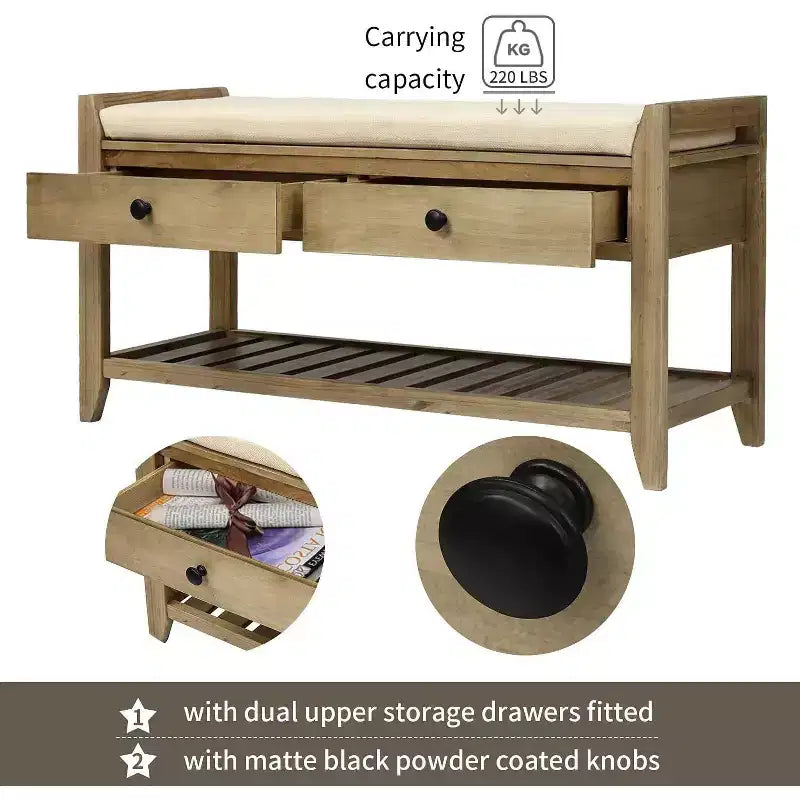 Acekool 35.4 Farmhouse Storage Bench with Cushion, 2-Tier Entryway Bench with Shelf & 2 Drawers for Bedroom, Hallway, Living Room, Gray Wash