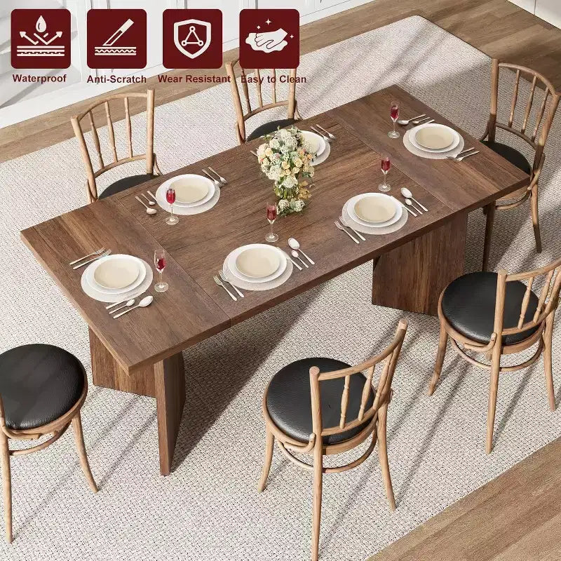 CuisinSmart 70.9'' Dining Table for 6, Farmhouse Rectangular Kitchen Table with Sturdy Frame and V Leg, Wooden Thickened Long Desk