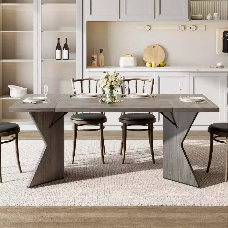 CuisinSmart 70.9'' Dining Table for 6, Farmhouse Rectangular Kitchen Table with Sturdy Frame and V Leg, Wooden Thickened Long Desk