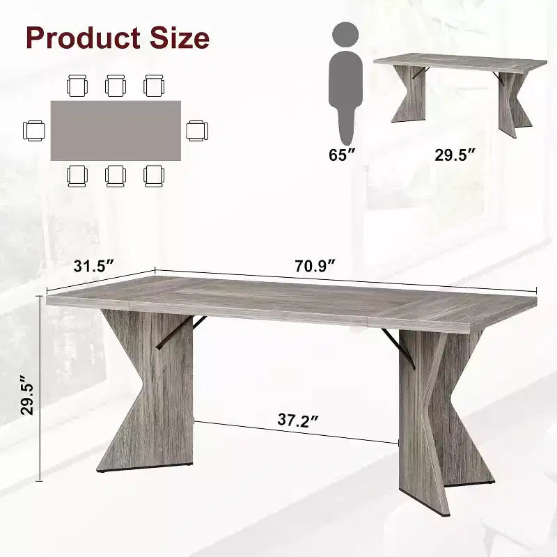 CuisinSmart 70.9'' Dining Table for 6, Farmhouse Rectangular Kitchen Table with Sturdy Frame and V Leg, Wooden Thickened Long Desk