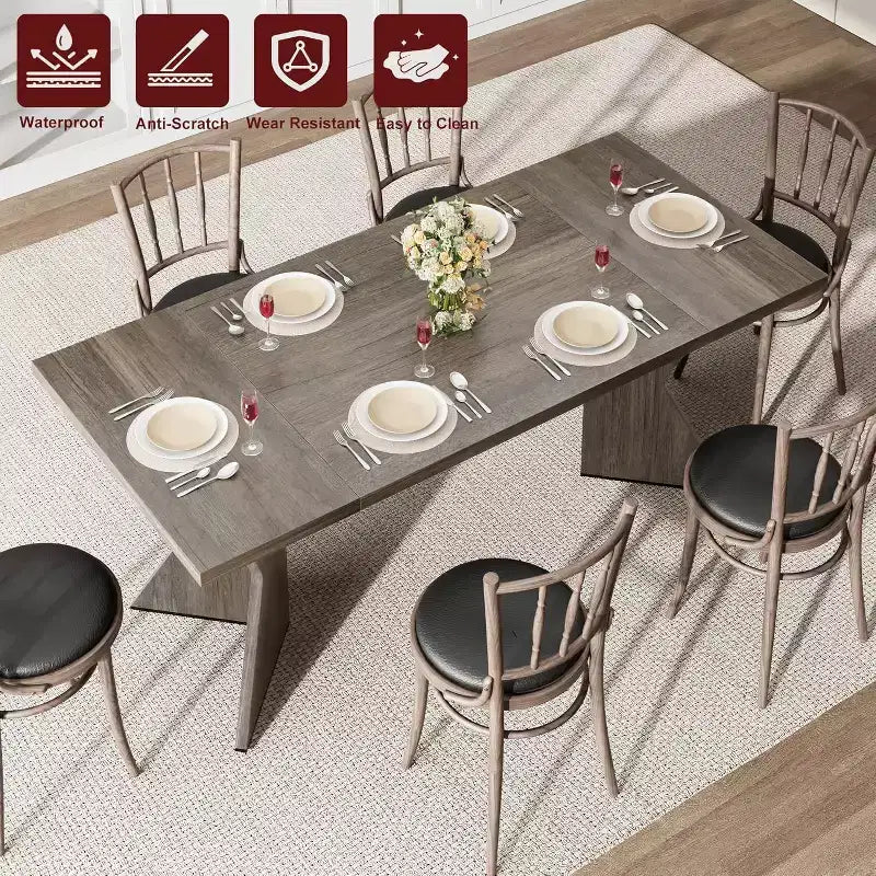 CuisinSmart 70.9'' Dining Table for 6, Farmhouse Rectangular Kitchen Table with Sturdy Frame and V Leg, Wooden Thickened Long Desk