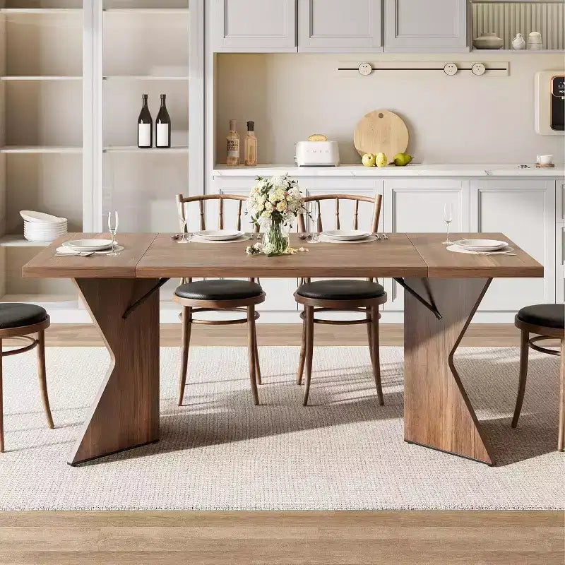 CuisinSmart 70.9'' Dining Table for 6, Farmhouse Rectangular Kitchen Table with Sturdy Frame and V Leg, Wooden Thickened Long Desk