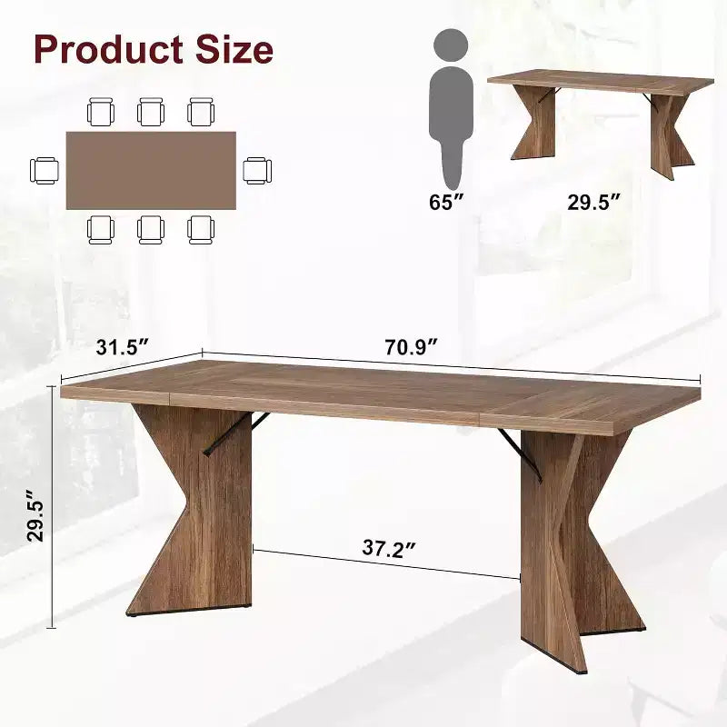 CuisinSmart 70.9'' Dining Table for 6, Farmhouse Rectangular Kitchen Table with Sturdy Frame and V Leg, Wooden Thickened Long Desk