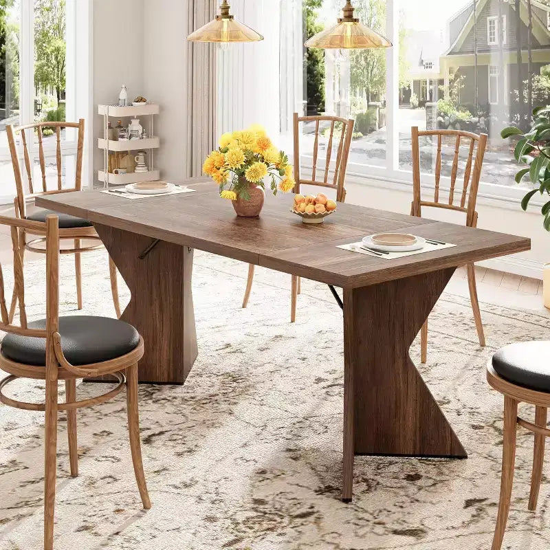 CuisinSmart 70.9'' Dining Table for 6, Farmhouse Rectangular Kitchen Table with Sturdy Frame and V Leg, Wooden Thickened Long Desk