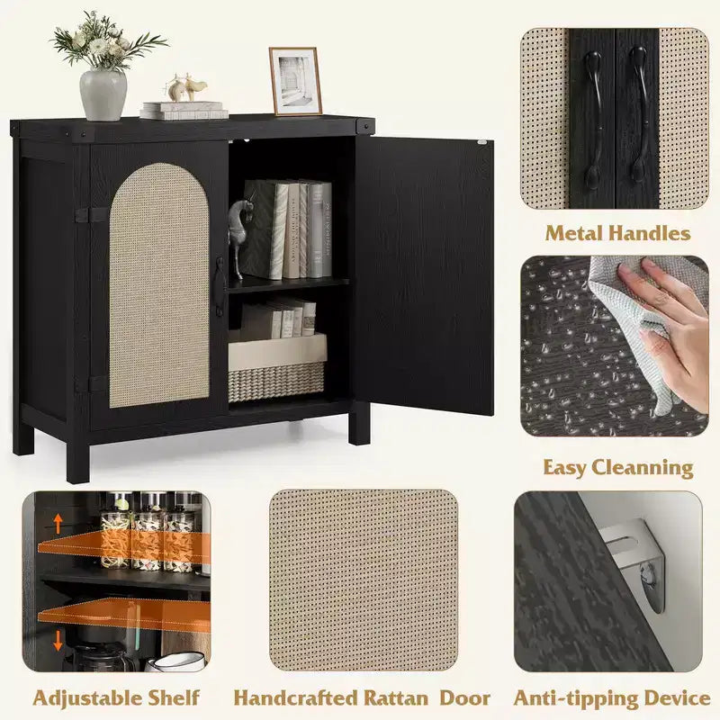 Rattan Sideboard Buffet Cabinet with Storage, Farmhouse Kitchen Accent Cabinet with Drawer, Boho Wooden Coffee Bar Storage