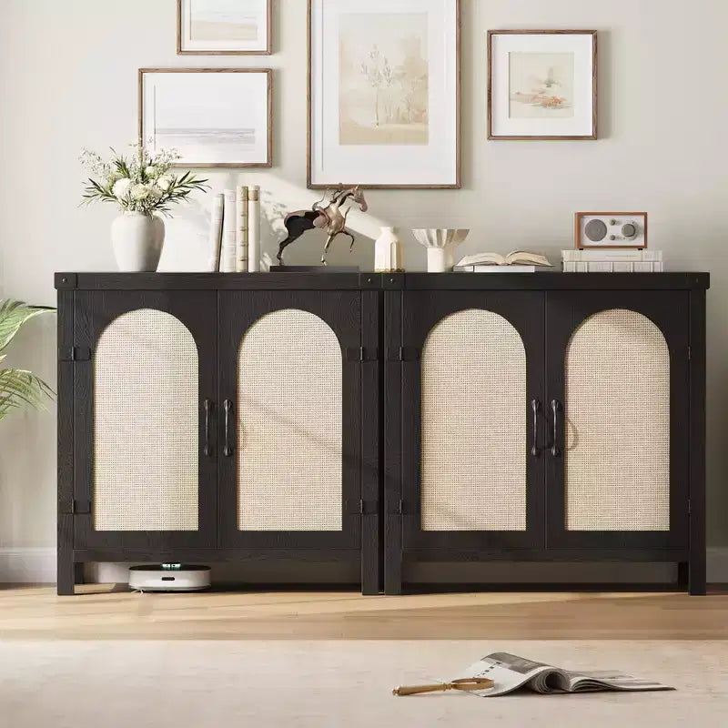 Rattan Sideboard Buffet Cabinet with Storage, Farmhouse Kitchen Accent Cabinet with Drawer, Boho Wooden Coffee Bar Storage