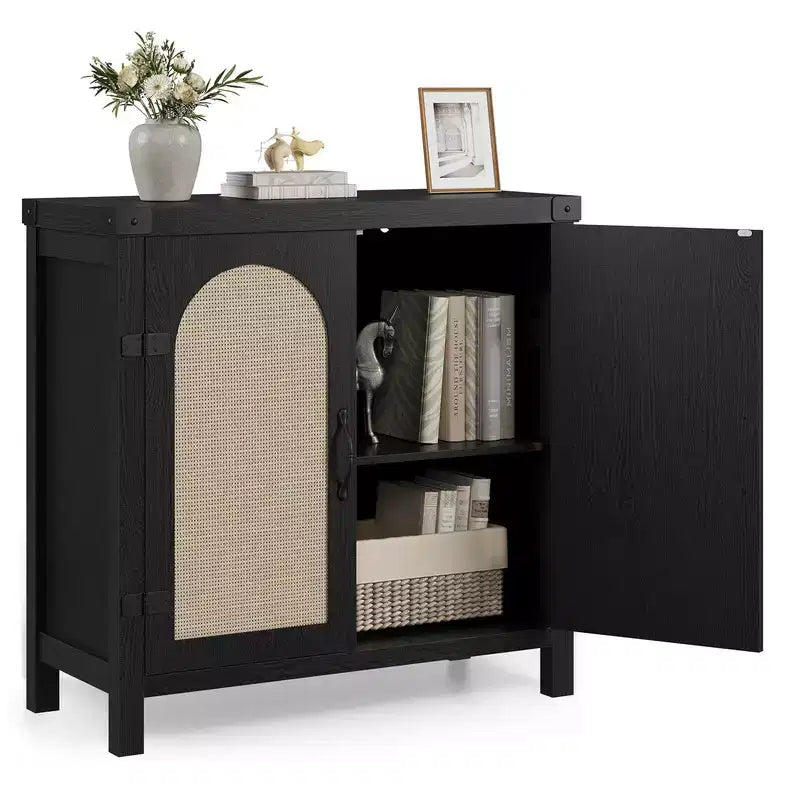 Rattan Sideboard Buffet Cabinet with Storage, Farmhouse Kitchen Accent Cabinet with Drawer, Boho Wooden Coffee Bar Storage