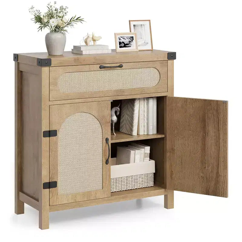 Rattan Sideboard Buffet Cabinet with Storage, Farmhouse Kitchen Accent Cabinet with Drawer, Boho Wooden Coffee Bar Storage