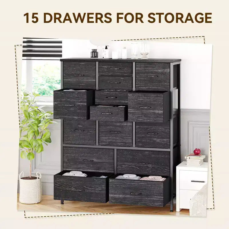 15 Drawers Dressers, Chest of Drawers with Wood Tabletop,Metal Frame, Storage Organizer Unit with Fabric,Tall Dressers for Bedroom Living Room Hallway