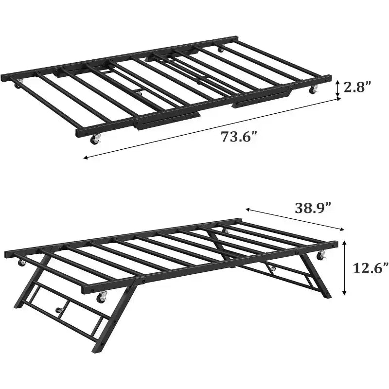 Twin Pop Up Trundle Bed Frame with Lockable Casters, Foldable Metal Platform Daybed, Easy Storage and Assembly