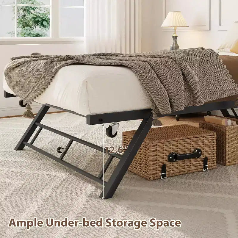 Twin Pop Up Trundle Bed Frame with Lockable Casters, Foldable Metal Platform Daybed, Easy Storage and Assembly