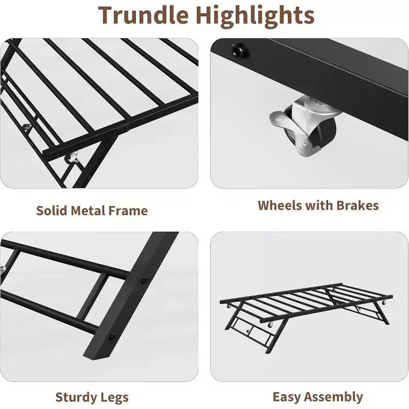 Twin Pop Up Trundle Bed Frame with Lockable Casters, Foldable Metal Platform Daybed, Easy Storage and Assembly