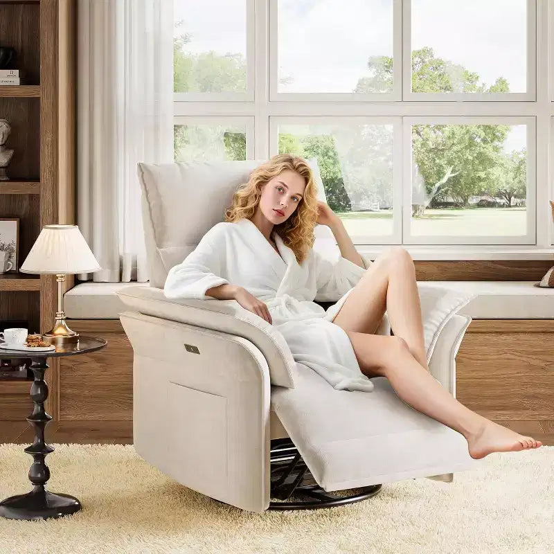 Recliner Chair, Swivel Rocker Chair with USB Charge Ports,Upholstered Chenille Fabric Glider Recliner Nursery Chair with Double-Layer Armrests