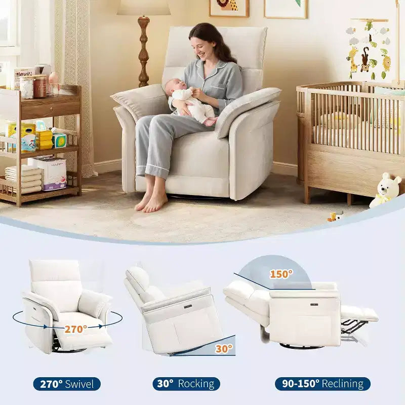 Recliner Chair, Swivel Rocker Chair with USB Charge Ports,Upholstered Chenille Fabric Glider Recliner Nursery Chair with Double-Layer Armrests