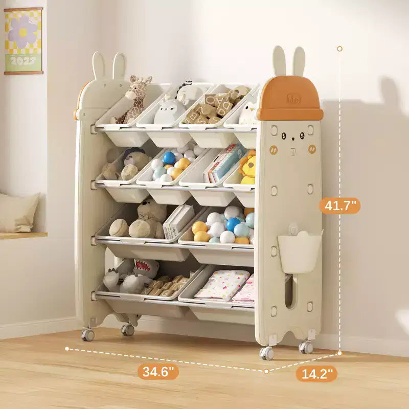 Kids Toy Storage Organizer with 12 Rolling Bins BPA-Free Plastic 4-Tier Playroom Shelf