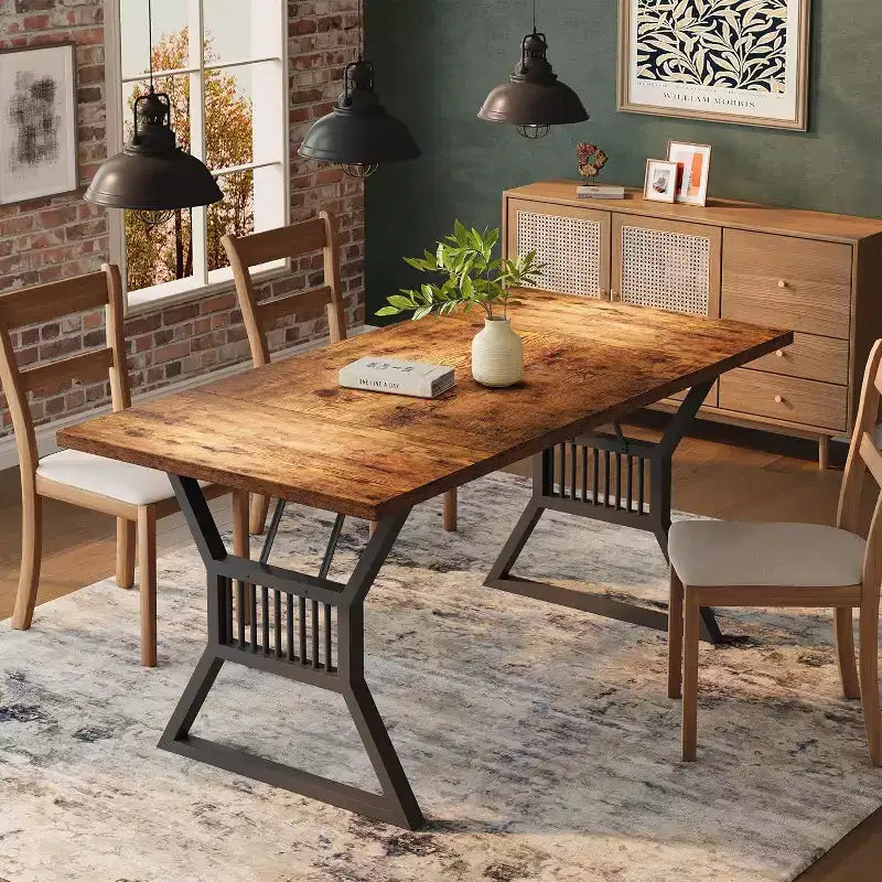 Large Dining Table for 6-8, Industrial Wooden Kitchen Table with Sturdy Metal Legs, Rectangular Long Dinner Table for Kitchen, Dining Room