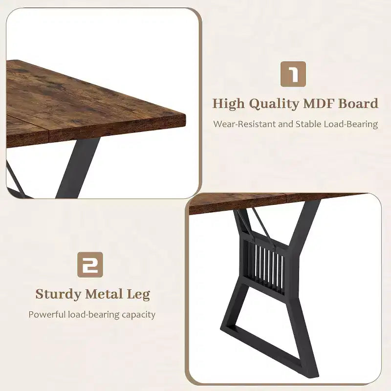Large Dining Table for 6-8, Industrial Wooden Kitchen Table with Sturdy Metal Legs, Rectangular Long Dinner Table for Kitchen, Dining Room