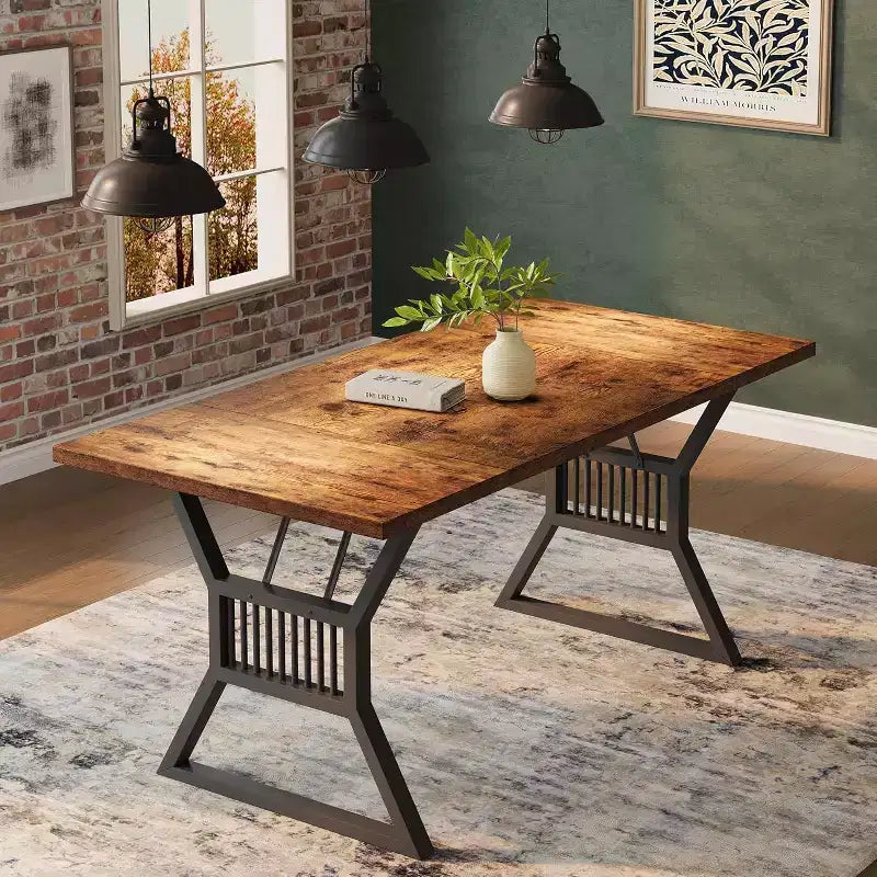 Large Dining Table for 6-8, Industrial Wooden Kitchen Table with Sturdy Metal Legs, Rectangular Long Dinner Table for Kitchen, Dining Room