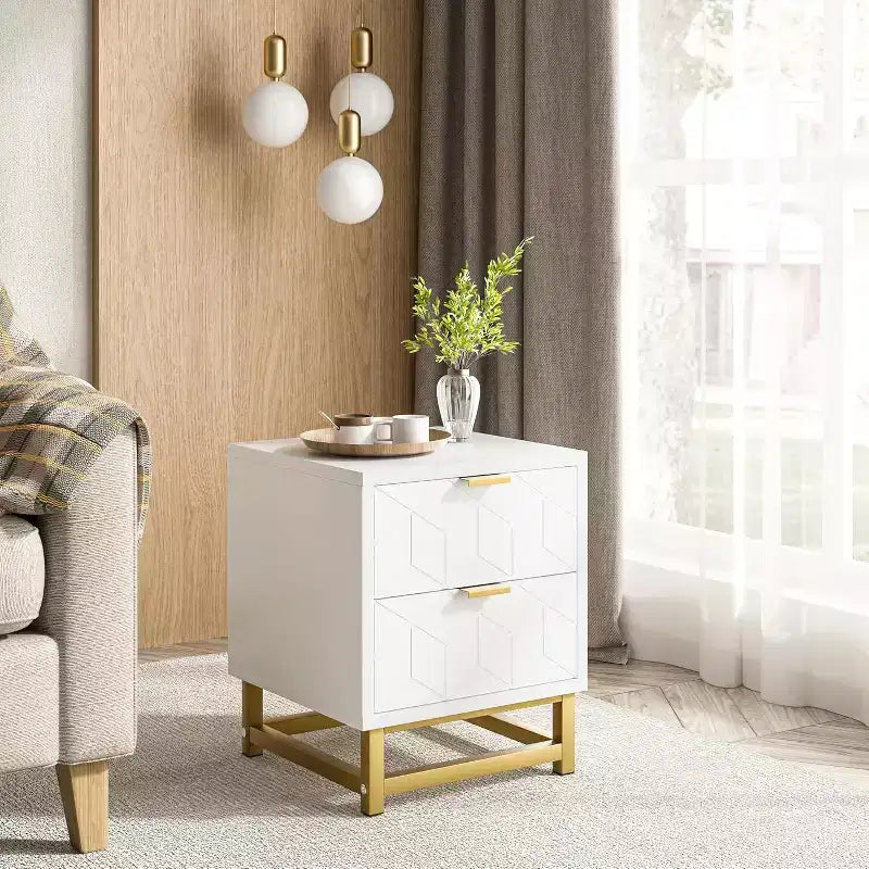 Modern 2-Drawer Nightstand - Wooden Bedside Table w/Metal Legs, Large Storage End Table for Bedroom
