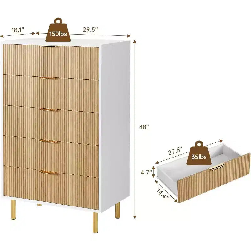 Modern 5-Drawer Dresser w/Gold Handles - Large Storage Chest for Bedroom, Living Room & Entryway