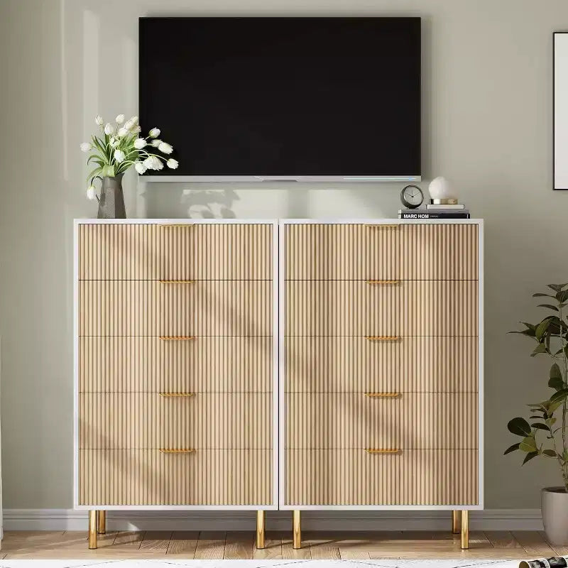 Modern 5-Drawer Dresser w/Gold Handles - Large Storage Chest for Bedroom, Living Room & Entryway