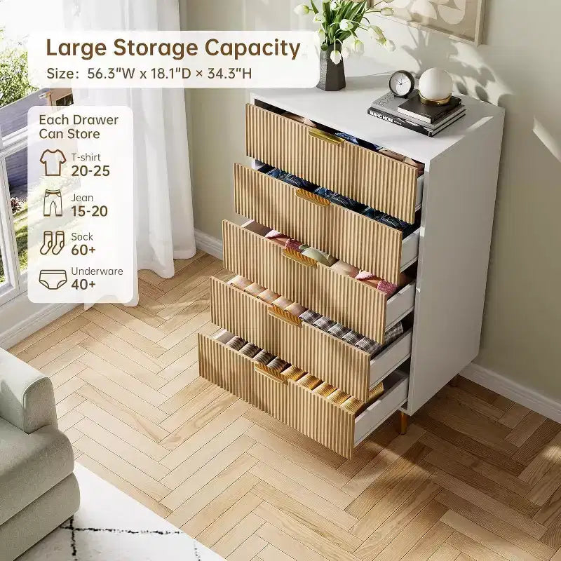 Modern 5-Drawer Dresser w/Gold Handles - Large Storage Chest for Bedroom, Living Room & Entryway