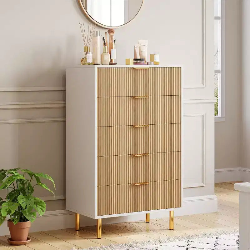 Modern 5-Drawer Dresser w/Gold Handles - Large Storage Chest for Bedroom, Living Room & Entryway