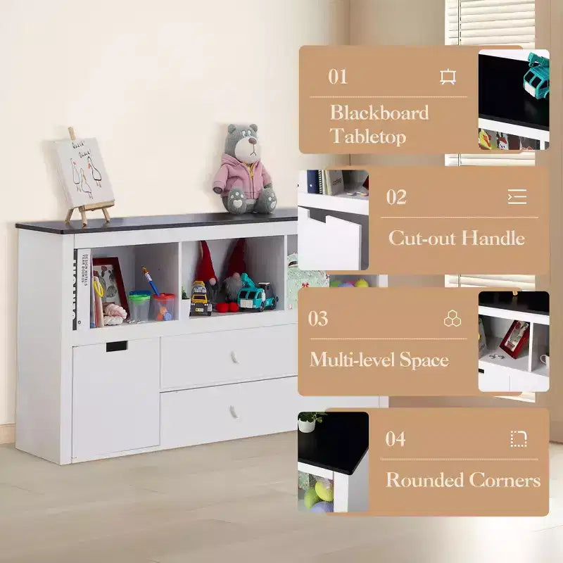 3-Tier Toy Storage Organizer, Wooden Storage Organizer Kids Bookshelf with 2 Drawers and 3 Storage Cubbies, Floor Standing Storage Cabinet