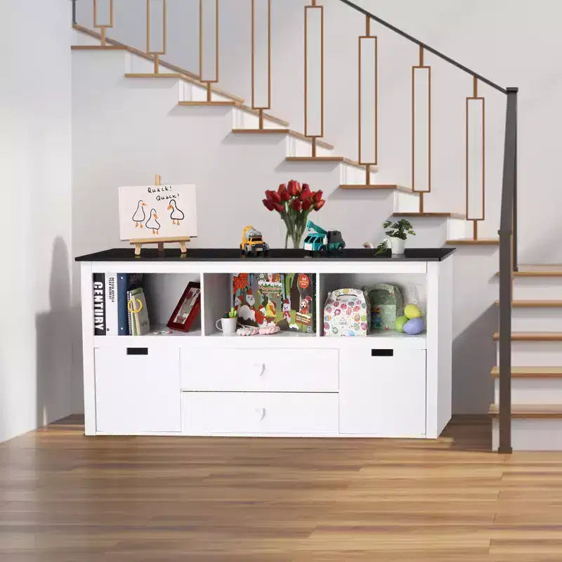 3-Tier Toy Storage Organizer, Wooden Storage Organizer Kids Bookshelf with 2 Drawers and 3 Storage Cubbies, Floor Standing Storage Cabinet