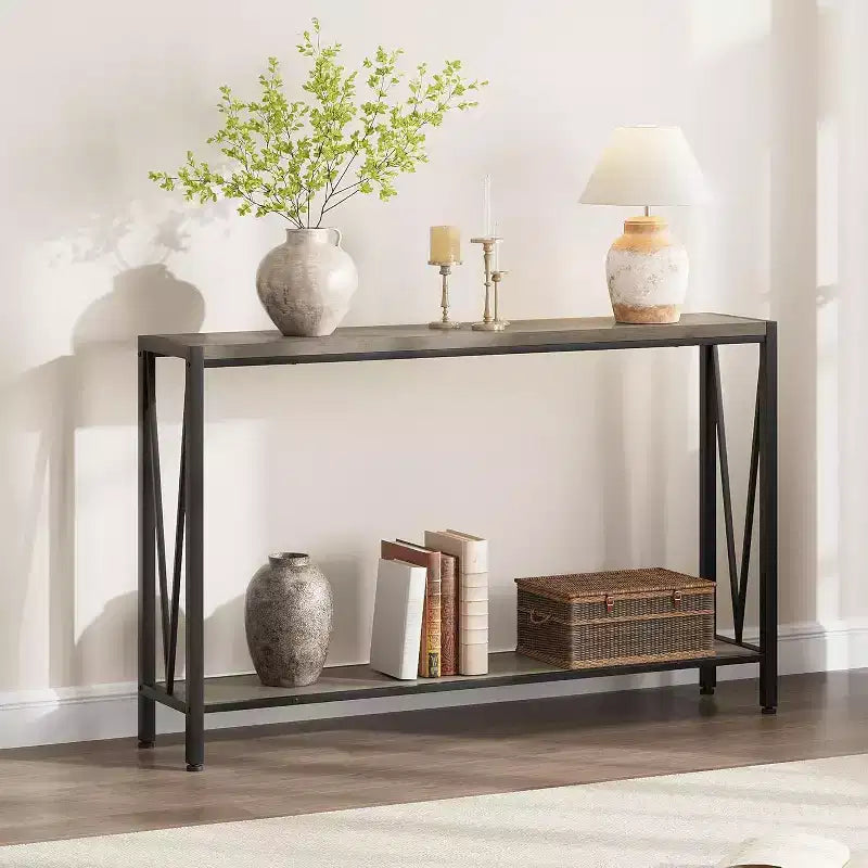 Acekool Industrial Console Table with V-Design, 2-Tier Entryway Sofa Table for Living Room & Hallway, Space-Saving Storage