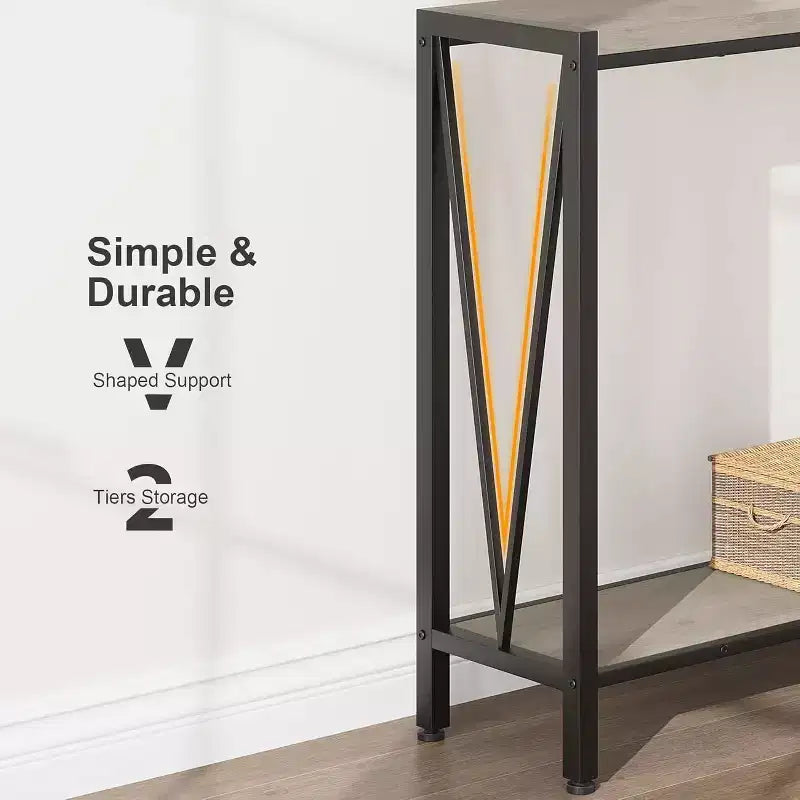 Acekool Industrial Console Table with V-Design, 2-Tier Entryway Sofa Table for Living Room & Hallway, Space-Saving Storage