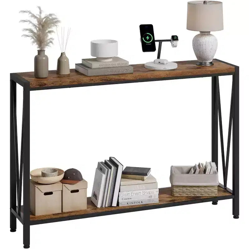Acekool Industrial Console Table with V-Design, 2-Tier Entryway Sofa Table for Living Room & Hallway, Space-Saving Storage