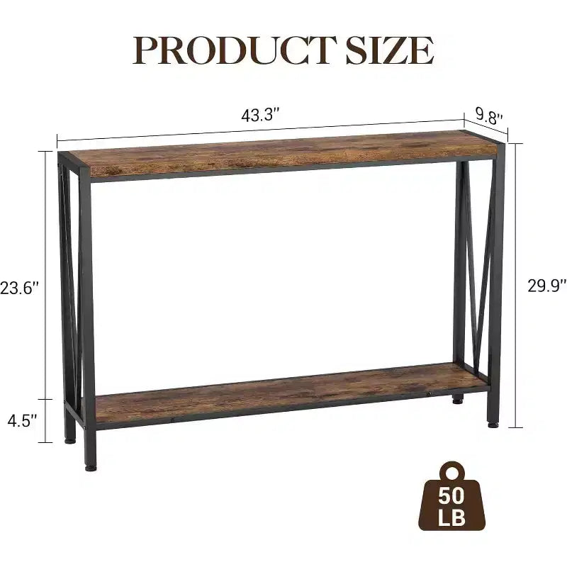 Acekool Industrial Console Table with V-Design, 2-Tier Entryway Sofa Table for Living Room & Hallway, Space-Saving Storage