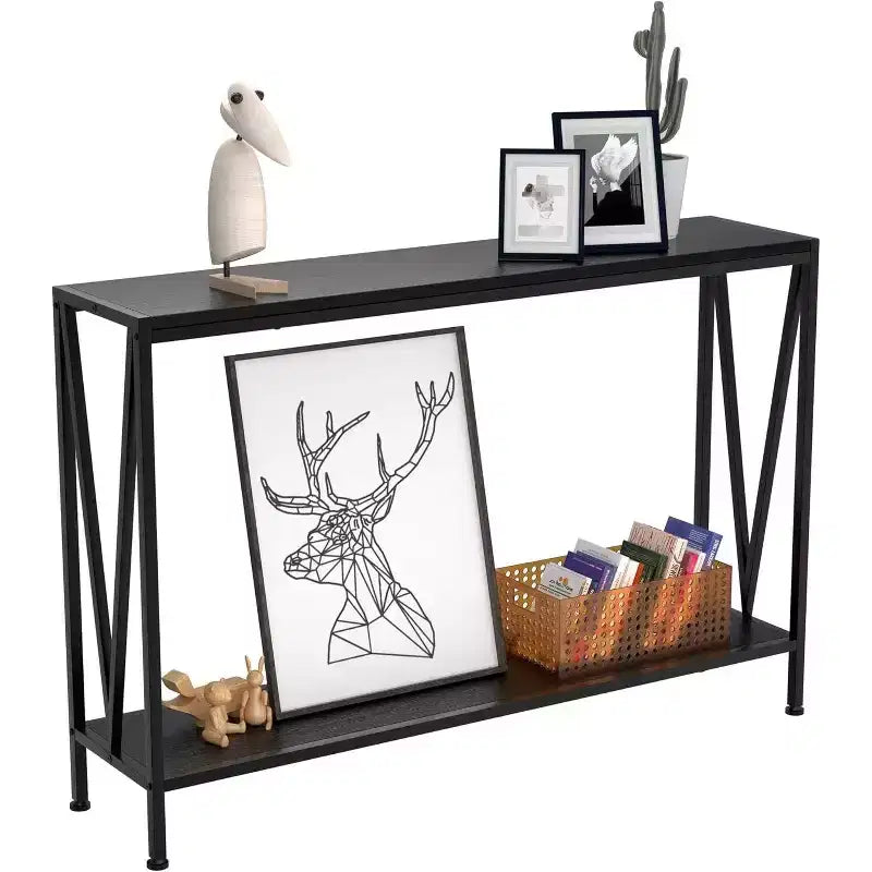 Acekool Industrial Console Table with V-Design, 2-Tier Entryway Sofa Table for Living Room & Hallway, Space-Saving Storage