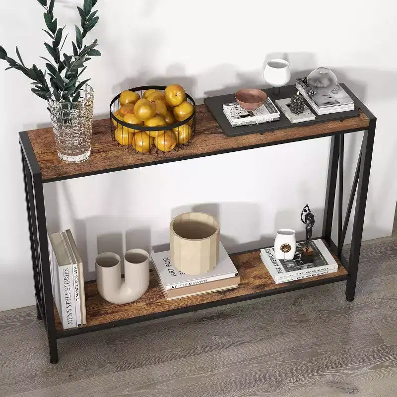 Acekool Industrial Console Table with V-Design, 2-Tier Entryway Sofa Table for Living Room & Hallway, Space-Saving Storage