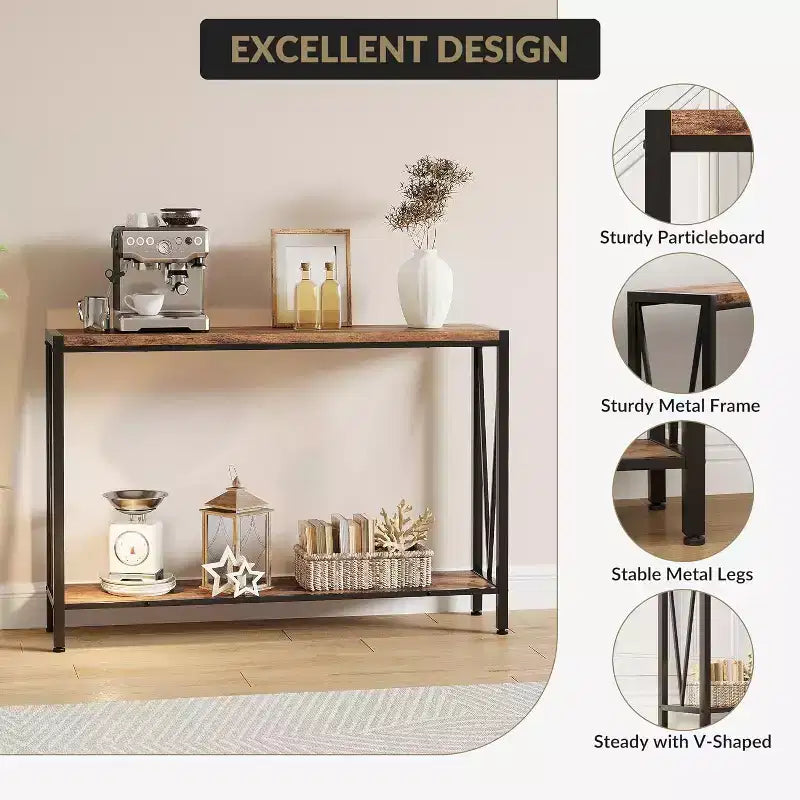Acekool Industrial Console Table with V-Design, 2-Tier Entryway Sofa Table for Living Room & Hallway, Space-Saving Storage