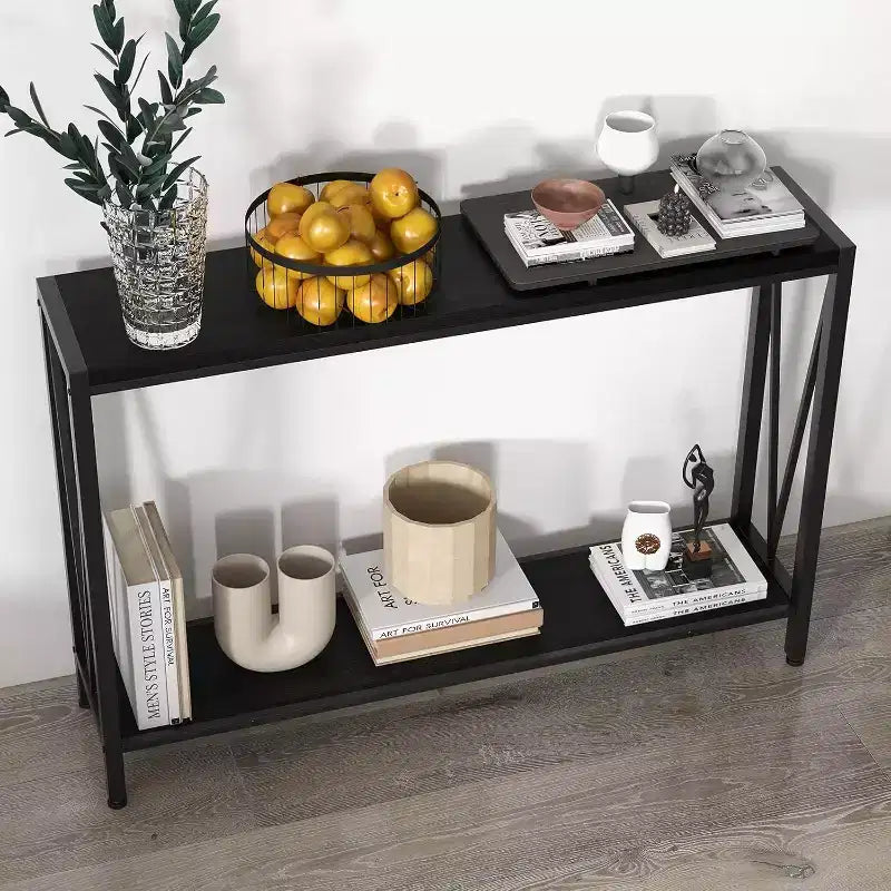 Acekool Industrial Console Table with V-Design, 2-Tier Entryway Sofa Table for Living Room & Hallway, Space-Saving Storage