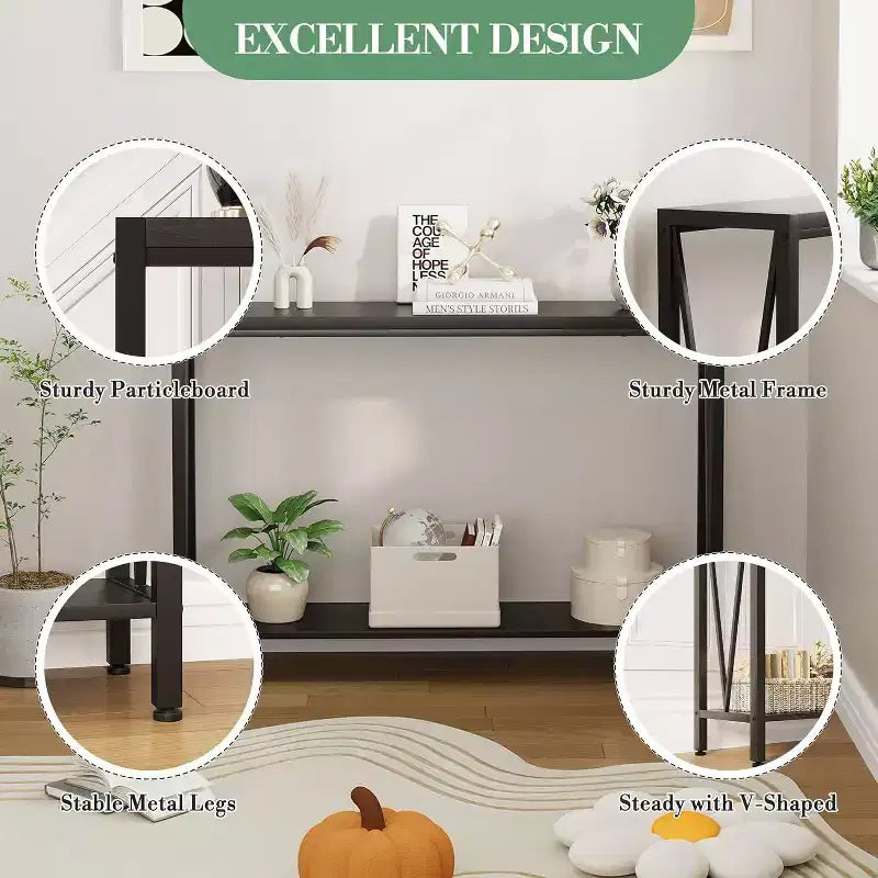 Acekool Industrial Console Table with V-Design, 2-Tier Entryway Sofa Table for Living Room & Hallway, Space-Saving Storage