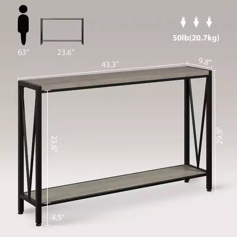 Acekool Industrial Console Table with V-Design, 2-Tier Entryway Sofa Table for Living Room & Hallway, Space-Saving Storage